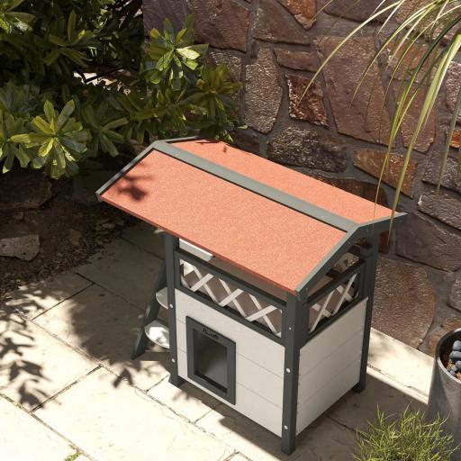 Caseta para Gatos de 2 Niveles 77x50x73 cm Refugio para Gatos con Techo Asfáltico Escalera y Balcón para Exterior Blanco [6]