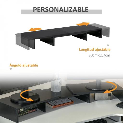 Soporte Elevador para Monitores de Madera Ajustable en Longitud y Ángulo para 2 Pantallas de Ordenador Portátil 80-117x23,5x10 cm Negro [4]
