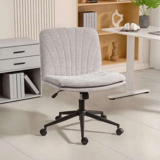 Silla de Oficina con Asiento Ancho sin Reposabrazos Ruedas Altura Ajustable Giratoria Función Basculante Beige