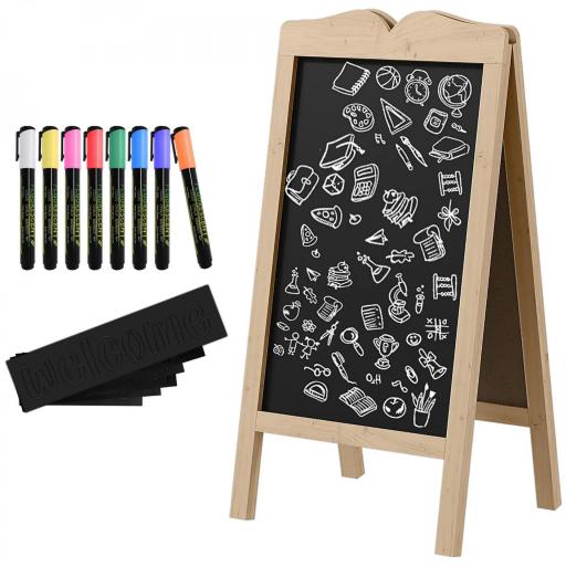 Pizarra Caballete Doble con Marco de Madera Plegable con 8 Tizas Líquidas y 6 Plantillas 51x42x101 cm Natural [9]