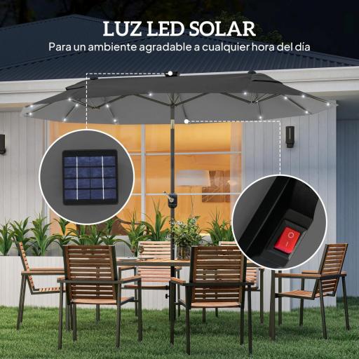 Sombrilla de Jardín Doble 295x150x219 cm con Luces LED Solares Toldo con Inclinación Ajustable y Manivela Manual Gris [2]