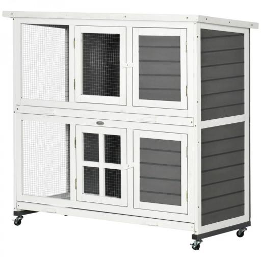 Conejera de Madera de 2 Niveles con Ruedas 2 Puertas Techo y Bandejas Extraíbles 119x50,5x109 cm Blanco y Gris [8]