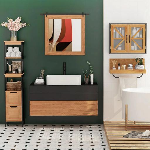 Armario Alto para Baño con 3 Estantes y 2 Cajones Estilo Moderno 30x30x144,3 cm Negro y Natural [3]
