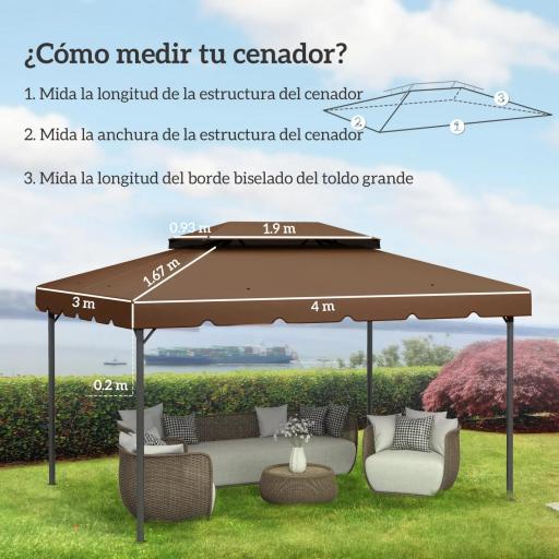 Toldo de Recambio para Cenador 4x3 m con Techo Doble Orificios de Drenaje Solo Toldo NO Incluye Marco Café [8]