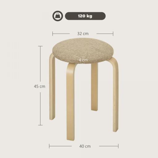 Juego de 4 Taburetes Redondos de Madera Apilables con Asiento Acolchado para Cocina Comedor Dormitorio Caqui [1]