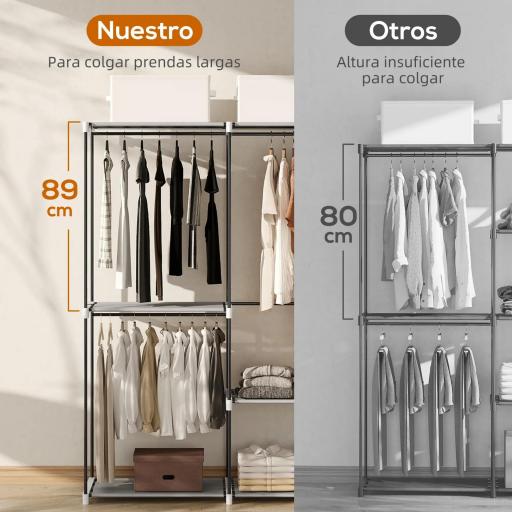 Armario de Ropa Armario Abierto con 4 Estantes de Tela 3 Barras para Colgar Marco de Metal 142x43x185 cm Gris Claro [2]