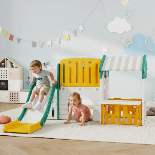 Tobogán Infantil 7 en 1 con Caseta Escalera Aro de Baloncesto Túnel Pizarra Telescopio para Interior Amarillo y Verde