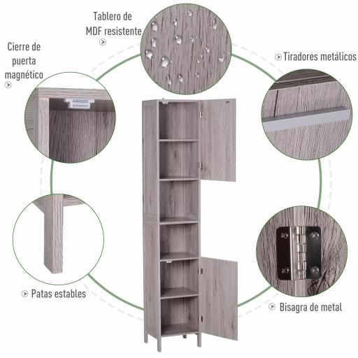 Columna de Baño Mueble Alto y Estrecho con Estantes Abiertos y 2 Armarios 30x32x172,5 cm Madera Grisácea [7]