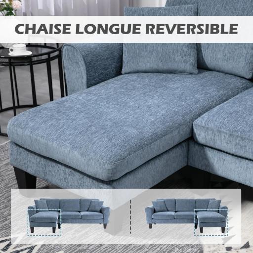 Sofá Rinconera Chaise Lounge Reversible en Forma de L con 2 Cojines Carga 200 kg 230x138x87 cm Azul Oscuro [3]