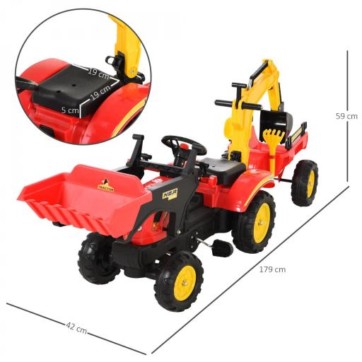 Tractor a Pedales con Remolque Excavador con Pala Frontal Juguete de Conducción para Mayores de 3 Años Dirección y Palas Fáciles de Controlar Soporta hasta 35 kg 179x42x59 cm Rojo [3]