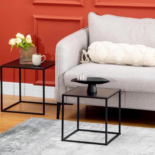 Juego de 2 Mesas Nido Mesas de Centro para Salón Cuadradas Material de Acero Grande 40 cm Pequeña 35 cm Negro [4]