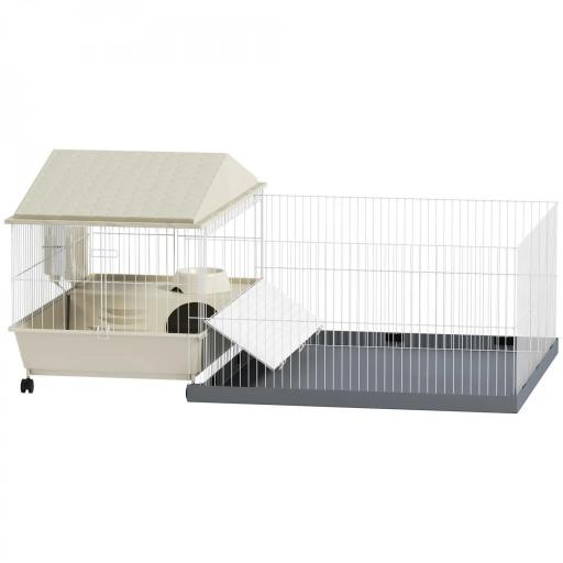 Jaula para Animales Pequeños con Corral Desmontable Cuenco Botella de Agua y Dispensador de Heno 108x71x57 cm Beige [9]