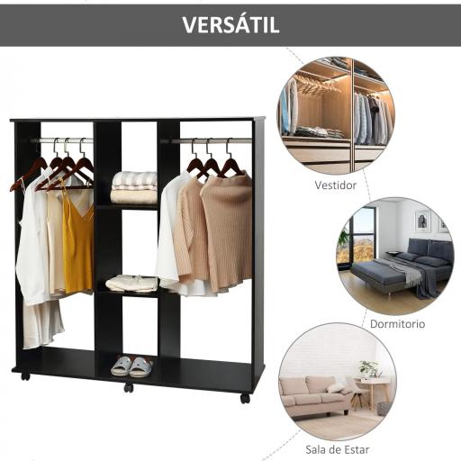 Armario Abierto con Ruedas 2 Barras y Estantes para tener Ropa Colgada y Doblada en el Dormitorio 120x40x128 cm Negro [7]