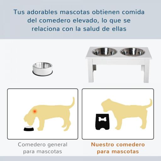Comedero Elevado para Perros con Soporte y 2 Cuencos Extraíbles de Acero Inoxidable Alimentador para Mascotas Alimento y Agua 44x24x15 cm Blanco [8]