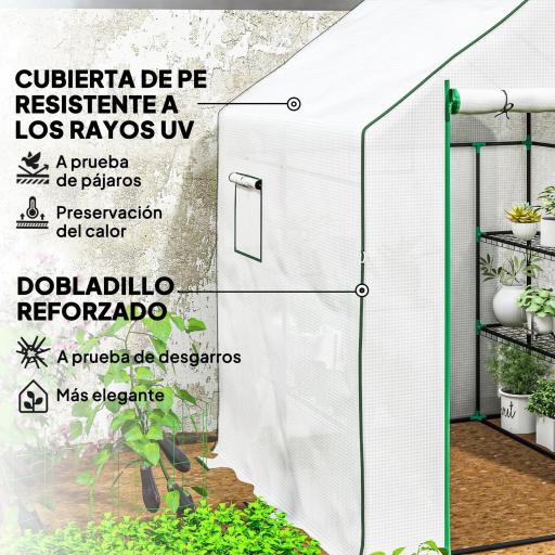 Invernadero de Exterior con 6 Estantes Puerta Enrollable Cubierta de PE y Marco de Acero 140x143x190 cm Blanco [3]