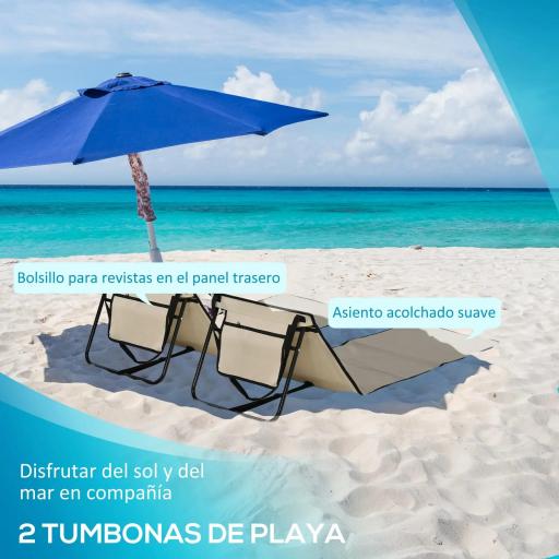 Conjunto de 2 Esterillas de Playa con Respaldo Reclinable y Bolsa de Transporte para Jardín Camping 142x51x40 cm Beige [3]
