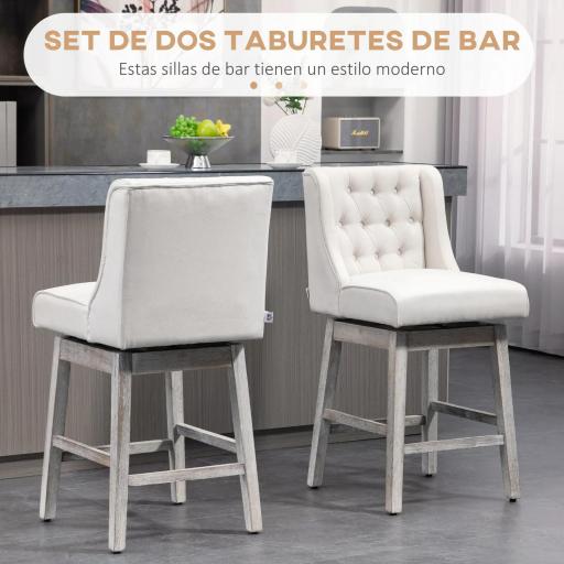 Juego de 2 Taburetes de Bar con Respaldo Taburetes Altos de Cocina Giratorios 180° Patas de Madera 46x57x101 cm Beige [2]