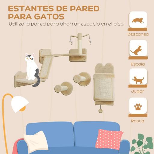Rascador de Pared para Gatos de 4 Piezas con Postes de Sisal Plataforma para Saltar Bola de Juguete Beige [2]