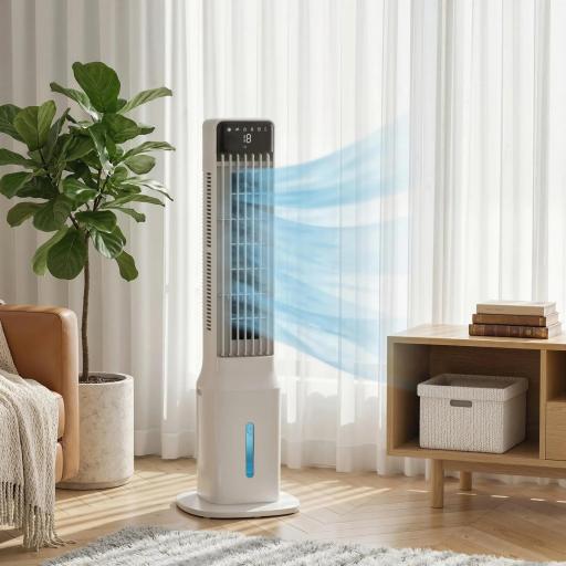 Climatizador Evaporativo de Torre 3 en 1 con Depósito de 9 L Oscilación 48° 3 Velocidades 3 Modos Temporizador Blanco