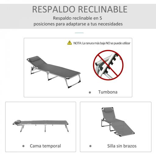 Tumbona Plegable Reclinable de Aluminio con Reposacabezas Extraíble y Respaldo Transpirable Ajustable en 4 Posiciones para Jardín Terraza Camping Exterior 165x60x76 cm Gris [3]