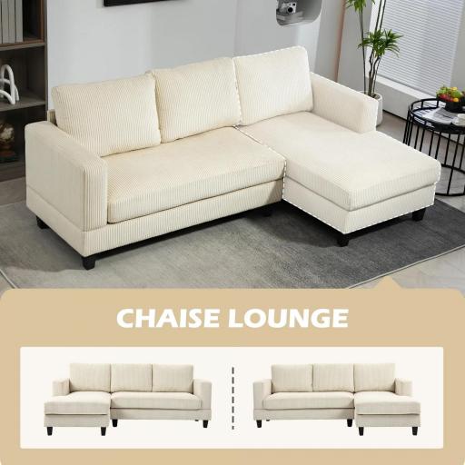Sofá Chaise Longue de 3 Plazas en Forma de L Tapizado en Pana Asiento y Respaldo Acolchados 214x134x87 cm Beige [5]