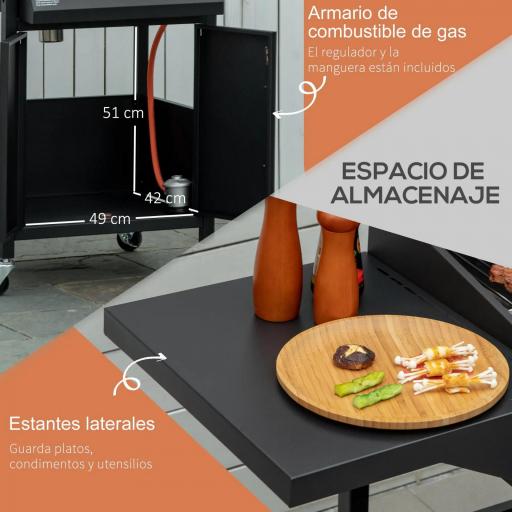 Barbacoa de Gas con 3 Quemadores 8,7 KW con 2 Mesas Laterales Armario de 2 Puertas 4 Ruedas y Frenos 121x55x109 cm Negro [3]