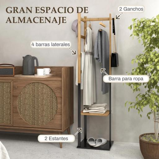 Perchero de Pie de Bambú con 2 Estantes 2 Ganchos 5 Barras con Estructura de Acero para Colgar Ropa Natural y Negro [2]