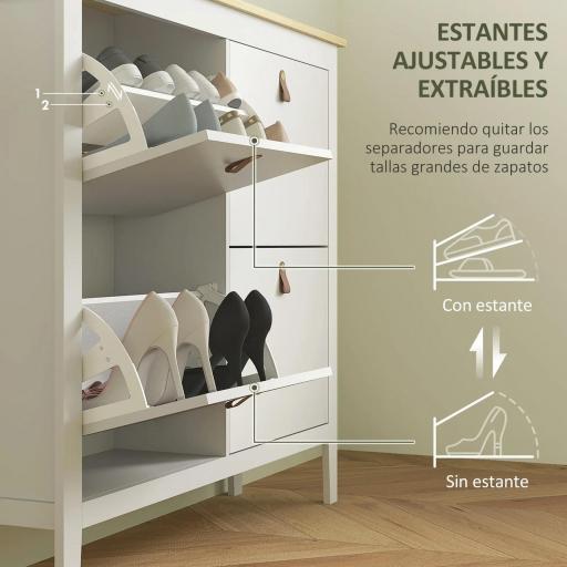 Zapatero Estrecho con 4 Compartimentos y Tiradores de Cuero PU para Pasillo y Recibidor 105x24x95,5 cm Blanco y Madera [5]