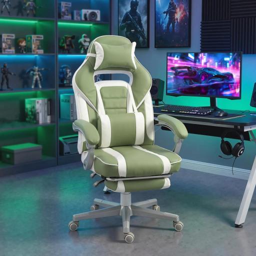 Silla Gamer Reclinable con Altura Ajustable Reposapiés Retráctil Soporte Lumbar y Reposacabezas Desmontable Verde [7]