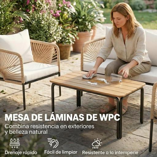Conjunto Jardín Exterior de 4 Piezas con Sofá 2 Sillones y Mesa WPC Ratán PE Tipo Cuerda Cojines Acolchados Blanco [3]