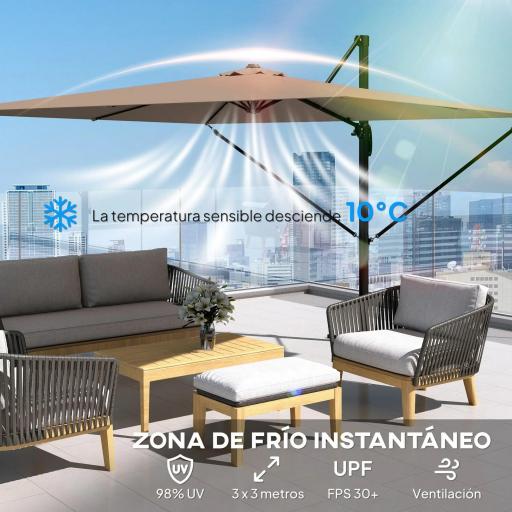 Parasol Excéntrico 2,9x2,9 m de Aluminio con Manivela Inclinación Ajustable Giratorio 360° Base Cruzada y Funda Caqui [4]