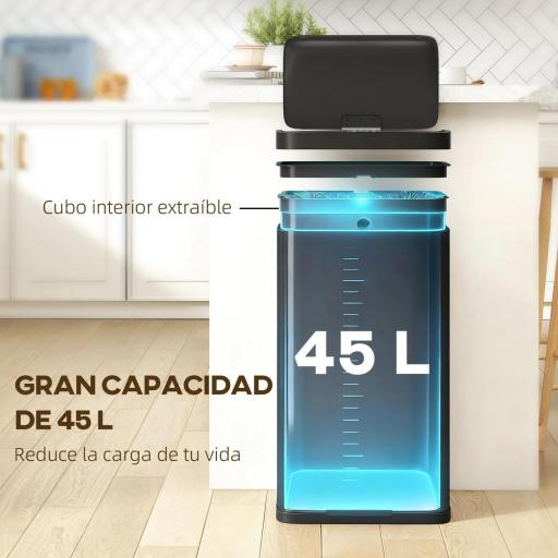 Cubo de Basura Cocina Automático 45 L con Sensor Infrarrojo Cierre Suave y Cubo Interior Extraíble Antihuellas Negro [5]