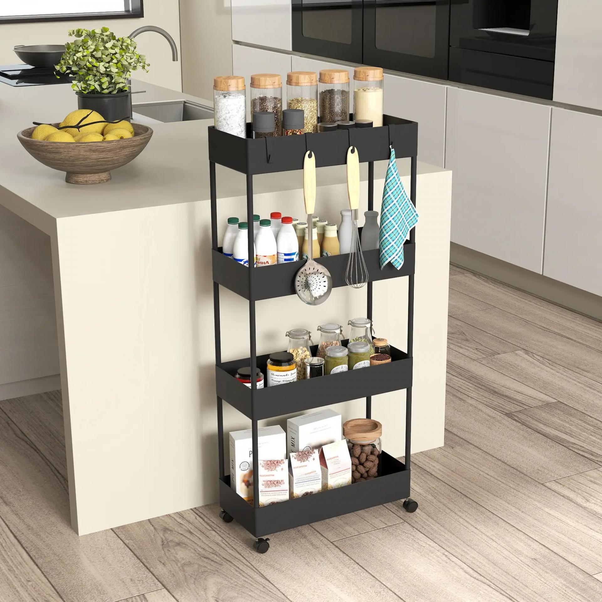 Carro de Cocina de 4 Niveles Carrito Auxiliar con Ruedas 4 Cestas y 4 Ganchos Extraíbles para Salón 40x19x90 cm Negro