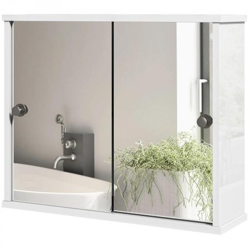 Armario con Espejo de Pared con Estante Ajustable y Puerta Corredera Doble para Lavabo 55x15x45 cm Blanco Brillante [2]