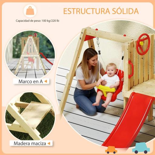 Parque Infantil Exterior de Madera con Columpio Tobogán Volante Bocina Teléfono para Patio Césped Rojo y Natural [3]