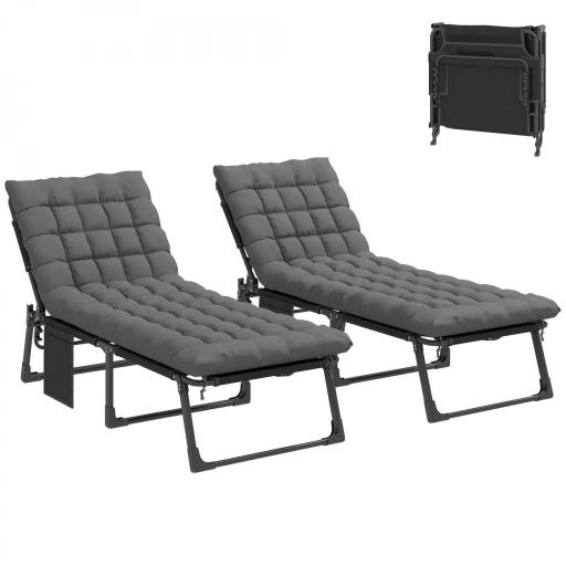 Set de 2 Tumbonas Plegables con Reposacabezas Cojines Bolsillo Lateral y Respaldo Reclinable 5 Posiciones Gris Oscuro [8]