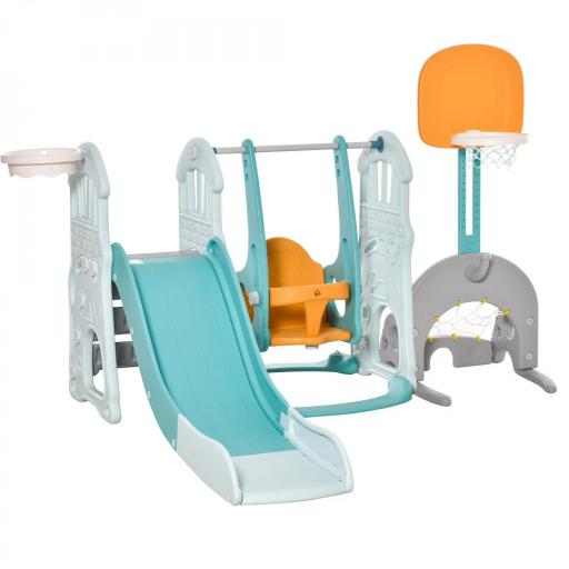  5 en 1 Tobogán y Columpio para Niños +18 Meses con 2 Canastas de Baloncesto Portería Fútbol con Asiento Ajustable Parque Infantil Interior y Exterior 210x186x133 cm Multicolor [9]