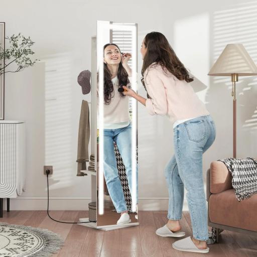 Espejo Joyero con Luces LED Espejo Entero Giratorio de 360° Estantes Abiertos Barras para Colgar Blanco