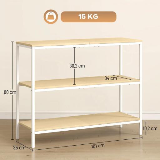 Consola de Recibidor con 3 Estantes Abiertos y Patas de Metal para Pasillo Entrada Salón Dormitorio Natural y Blanco [1]