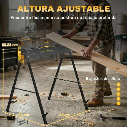 Set de 2 Caballetes para Sierra Plegables Altura Ajustable para Madera 2x4 con Asa Ganchos Soporta hasta 500 kg Negro [5]
