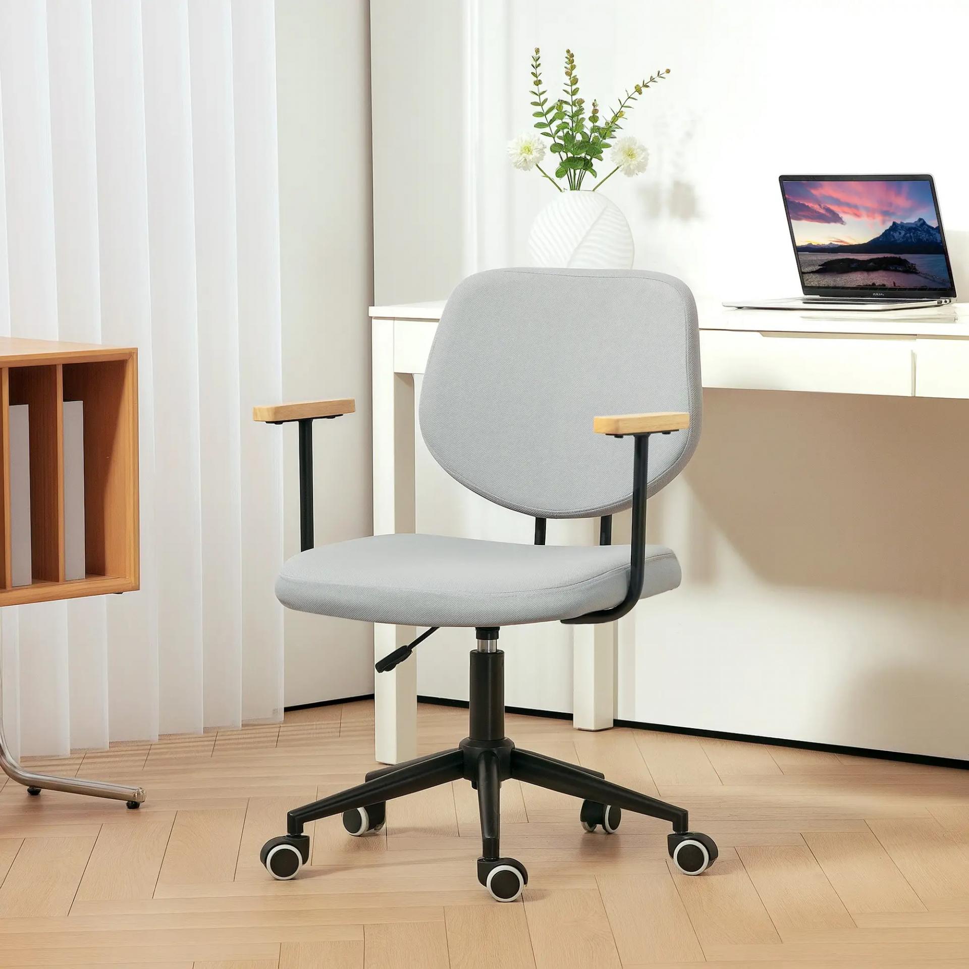Silla de Oficina Moderna con Reposabrazos de Madera Asiento Ajustable y Ruedas para Oficina y Estudio 59x55x84-94cm Gris