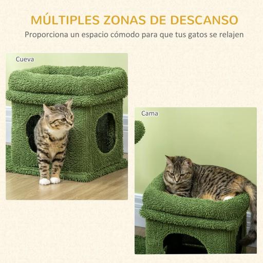 Árbol Rascador para Gatos Diseño de Cactus con Cama Cueva Poste de Sisal y Bola Colgante 68x30x67 cm Verde [3]