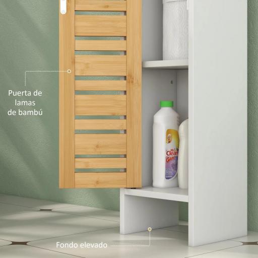 Mueble Auxiliar de Baño con Portarrollos de Papel Estantes Ajustable y Puerta de Bambú 21x17x78 cm Blanco y Natural [7]