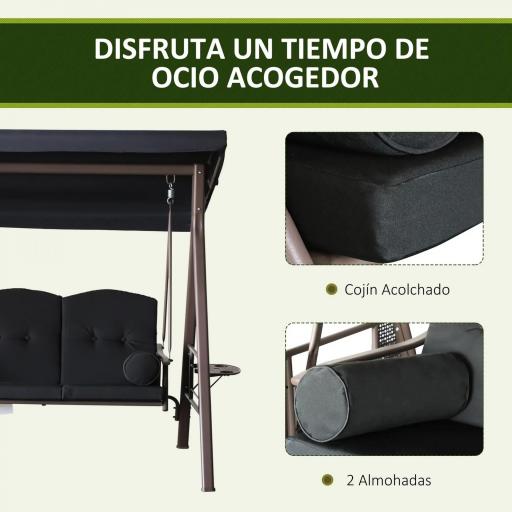 Columpio de Jardín Exteriorde 3 Plazas con Toldo Ajustable Bandejas Laterales y 2 Almohadas 208x121x172 cm Negro [5]