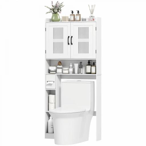 Estantería sobre Inodoro con Estante Ajustable 2 Puertas Soporte para Papel Higiénico y Estantes Abiertos para Baño Blanco [8]