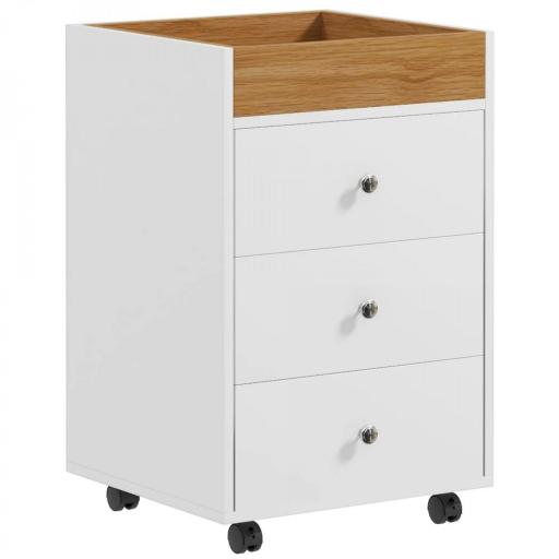Cajonera de Oficina con 4 Ruedas 3 Cajones y 1 Bandeja Extraíble Carga 30 kg 43x40x66,5 cm Blanco y Natural [8]