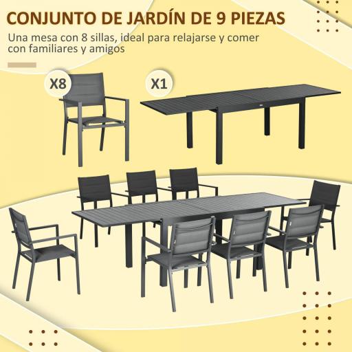 Juegos de Comedor de Jardín con Marco de Aluminio Mesa Extensible y 8 Sillas Apilables para Terraza Patio Gris [3]