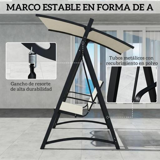Columpio de Jardín de 3 Plazas con Techo Ajustable UPF50+ Asiento Transpirable Carga 360 kg 188x130x183 cm Crema [5]