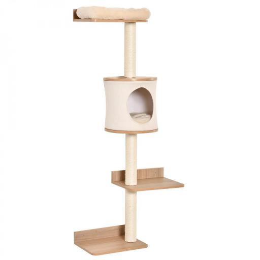 Árbol para Gatos de Pared 38x30x149 cm con Múltiples Plataformas de Madera Cueva Cama Superior Cojín Extraíble Postes Rascadores de Sisal Torre para Escalar Beige y Roble [6]