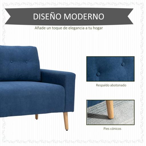 Sofá de 2 Plazas con 2 Cojines Reposabrazos y Patas de Madera de Caucho para Dormitorio Oficina 145x76x88 cm Azul [2]